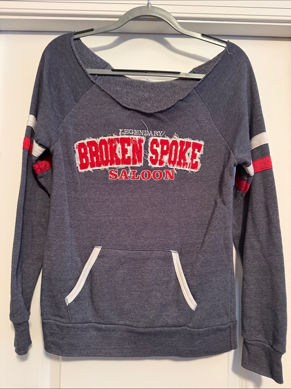 Alternative Apparel Navy, off shoulder Pullover Sweatshirt with Red Logo